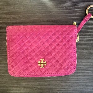 Tory Burch leather zip card holder/coin with chain key - hot pink